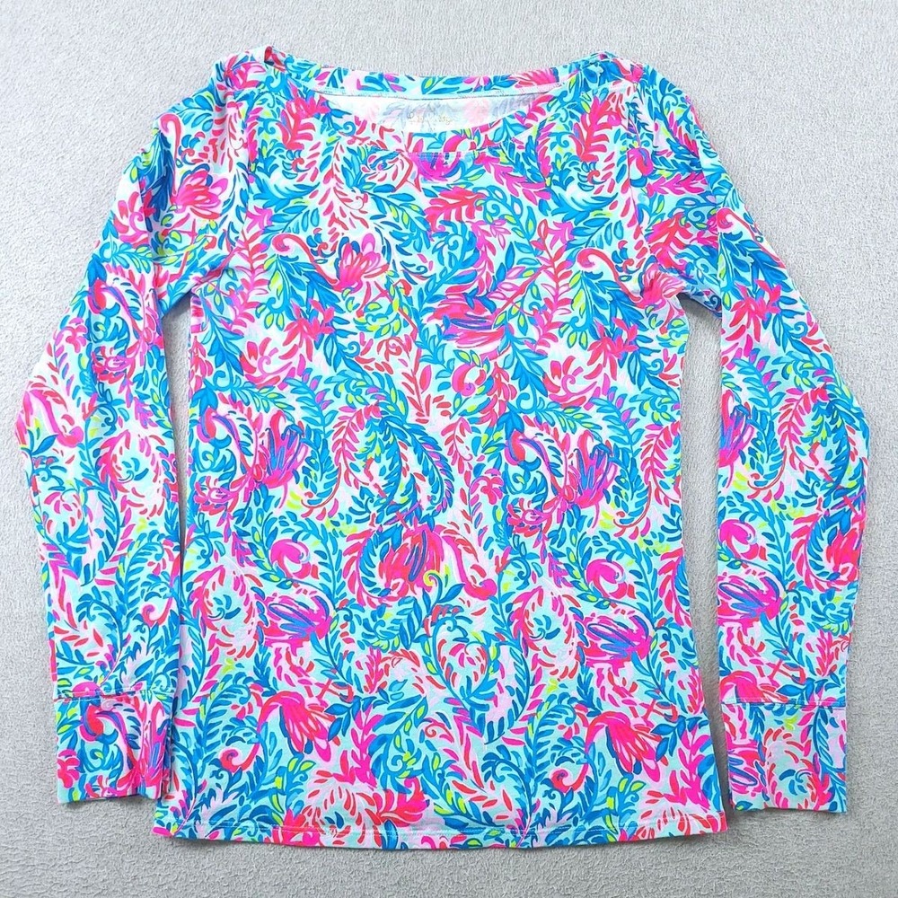 Lilly Pulitzer Aleah Top Womens Medium Blue Pink Floral Boat Neck Long Sleeve